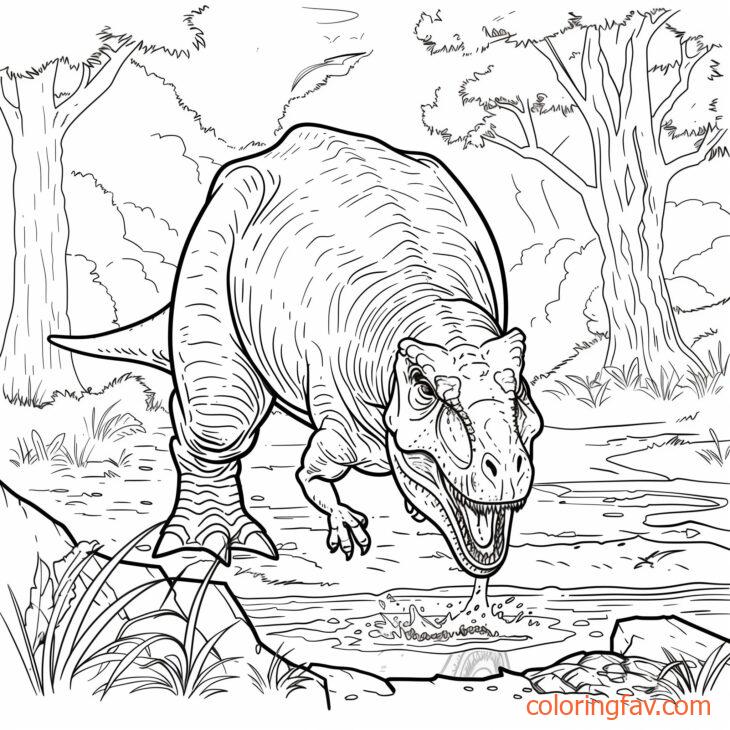 T Rex bending down to drink water from a jungle river or pond 1