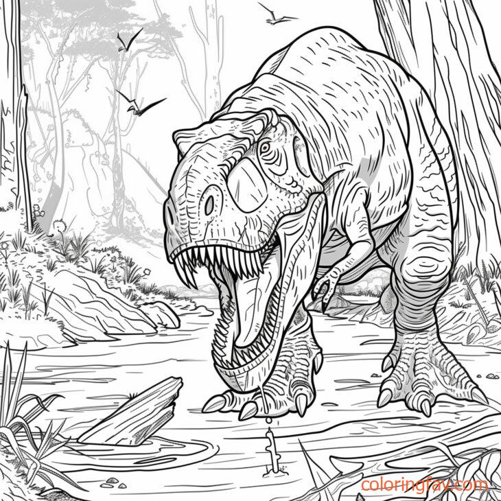 T Rex bending down to drink water from a jungle river or pond 2