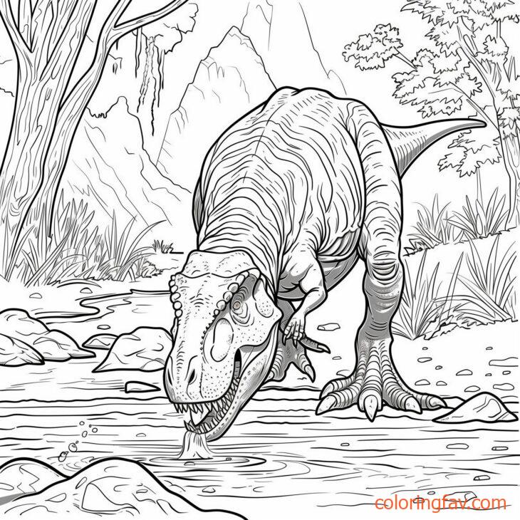 T Rex bending down to drink water from a jungle river or pond 3