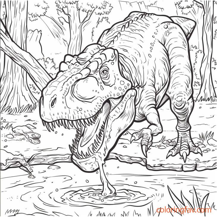 T Rex bending down to drink water from a jungle river or pond 4