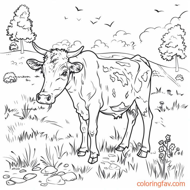 The Exploring Cow sniffs the ground, roaming through fields and trees 1