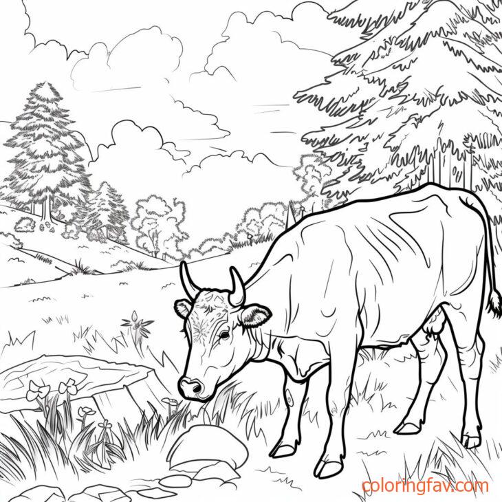 The Exploring Cow sniffs the ground, roaming through fields and trees 2