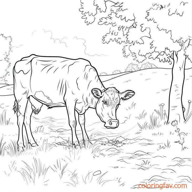 The Exploring Cow sniffs the ground, roaming through fields and trees 3