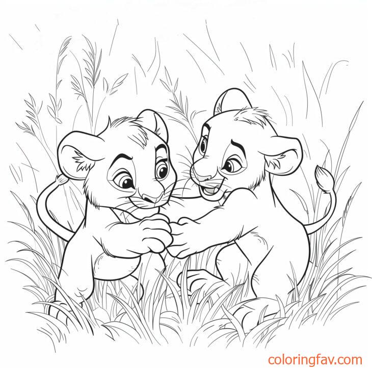 Two lion cubs playfully wrestling in the grass 1